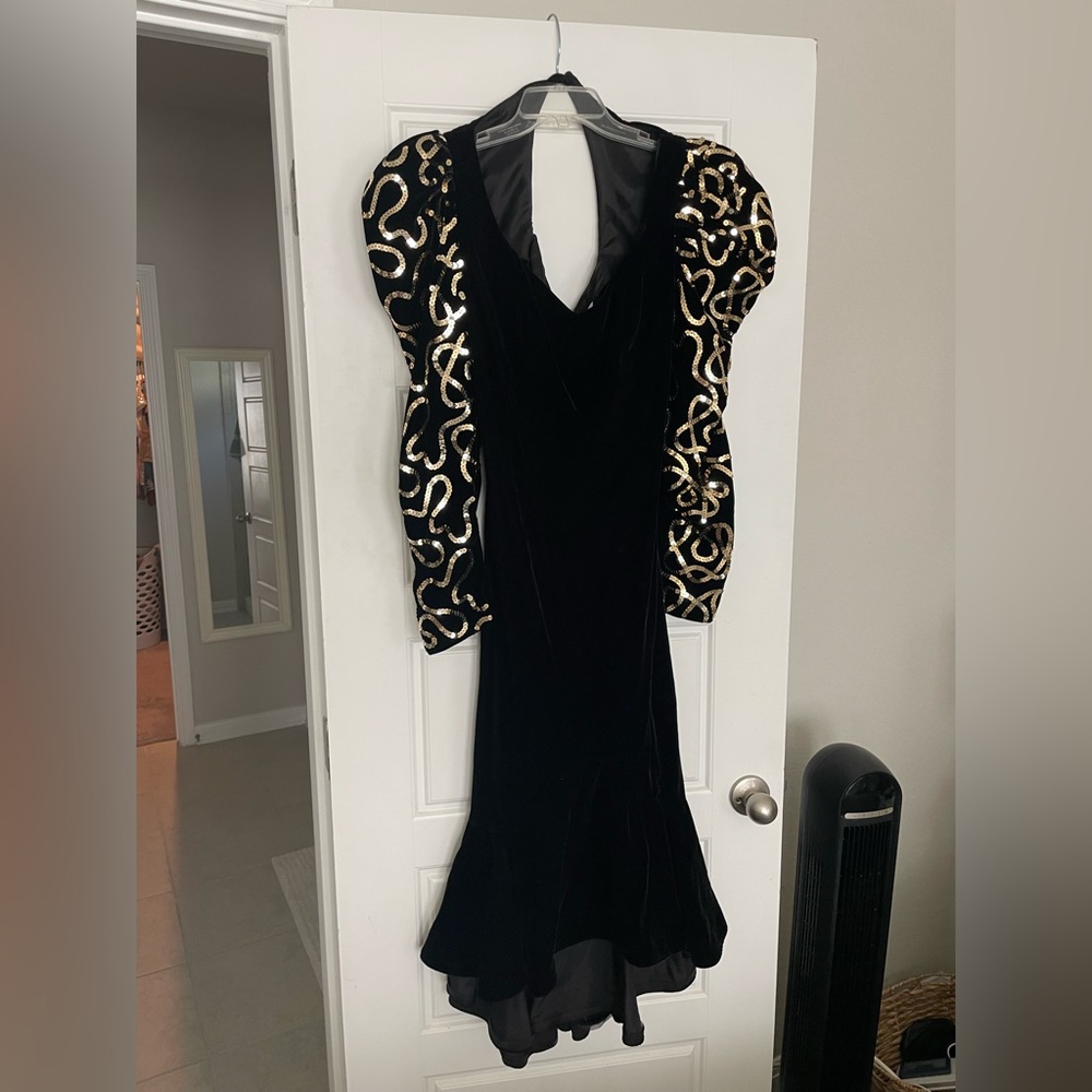 80s vintage velvet black dress with puff sleeves